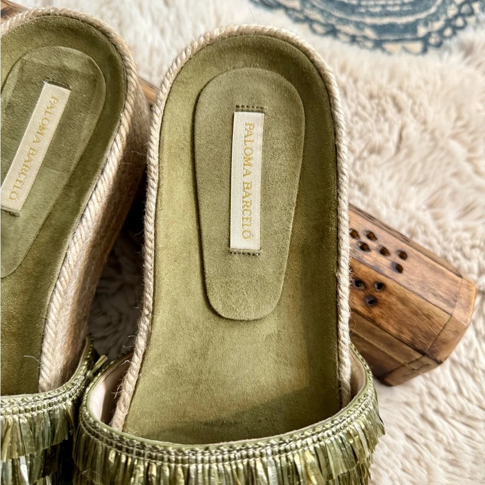 Paloma Barceló Olive Green Raffia Platform Slide Sandals - Picture 3 of 11